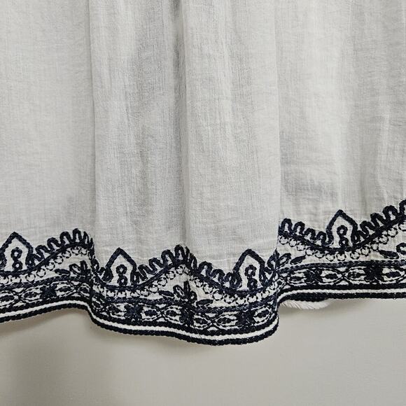 Max Edition Boho Peasant Style Blouse S Ivory Blue Embroidery Lg Beaded Pom Tie - Picture 7 of 11